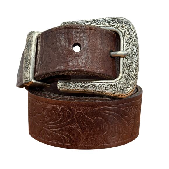 Liz Claiborne Tooled Belt SZ XL Women Brown Western Rustic Leather 70s Rodeo - Picture 1 of 12